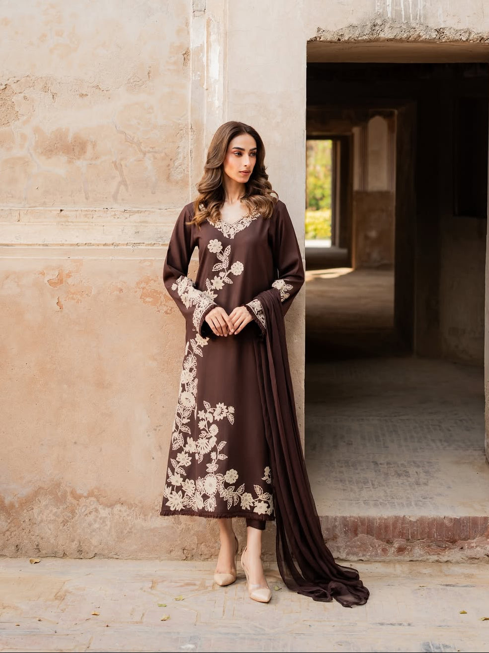 Brownish Embroidered 3Pc